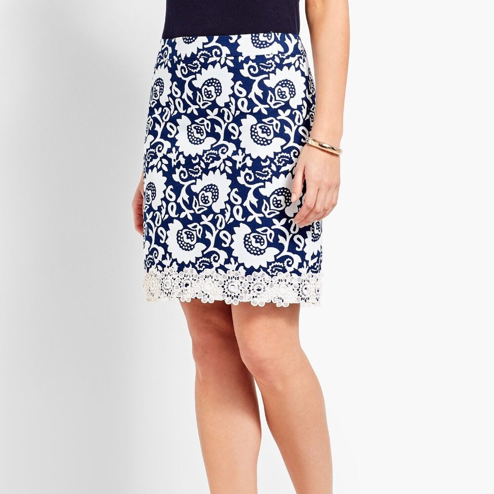 Talbots Lace-Trimmed Woodblock Floral Stretch Cotton Skirt